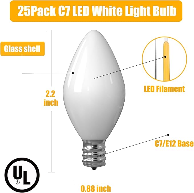 SUNSGNE C7 LED White Replacement Christmas Light Bulbs - 0.6W LED E12 Candelabra Base Bulbs - Perfect for Salt Lamps, Night Lights and Decorative Lights - Pack of 25 - Bloomnest
