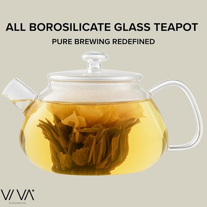 Viva Nicola All Borosilicate Glass Teapot with Tea Included, Lid, with Removable Infuser for Loose Leaf Tea - No Metal Or Plastic for The Perfect Brew, 25oz Tea Maker, Stove Top Safe, No Drip Spout
