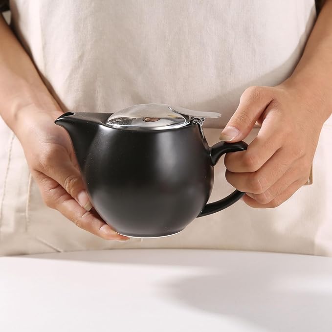 Small Ceramic Teapot With Stainless Steel Infuser, Heat Resistant, Perfect Tea Maker, Black, 350ml/12.0oz