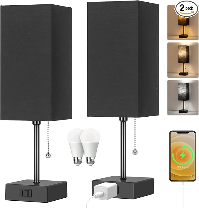 Table Lamp for Bedroom set of 2,3-Color Bedside Lamps with Pull Chain Table Lamps for Nightstand with AC Outlets, Night Light Lamps with 2 Bulbs Lamps for Living Room Kids Office Decor（Black） - Bloomnest