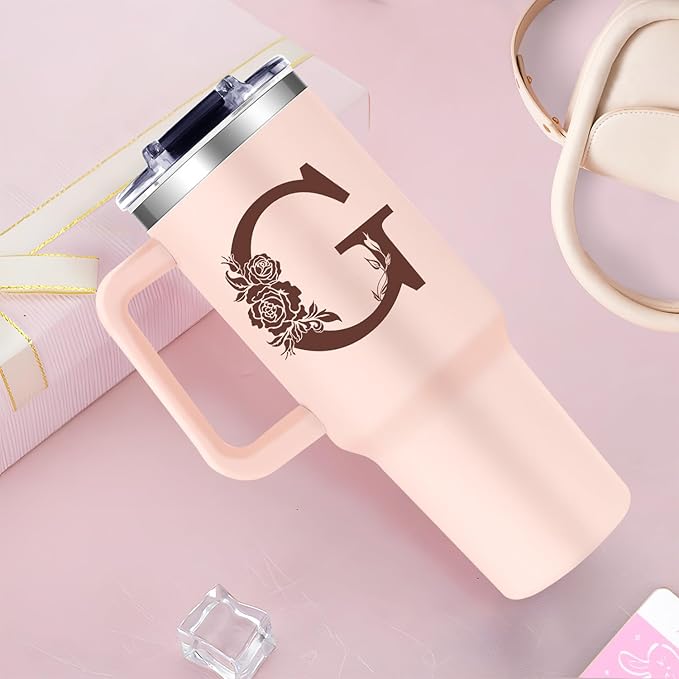 Monogrammed 40oz Tumbler with Handle for Women, Personalized Birthday Gifts for Women,Initial Cups for Woman Pink Letter G,Customized Gifts for Female Lady Gift for Mothers Day Christmas - Bloomnest