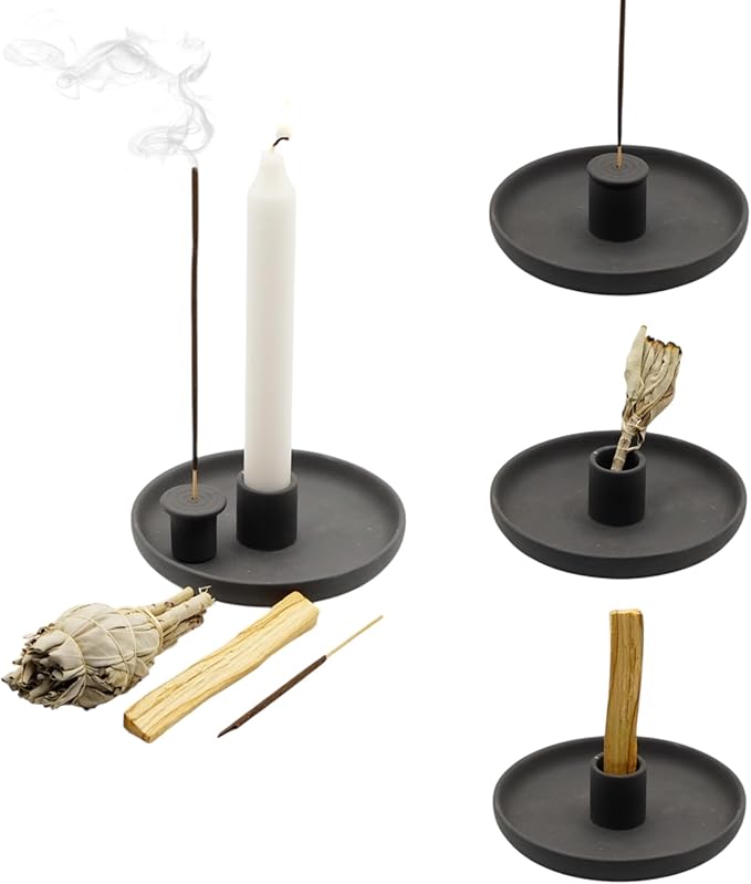 4 in 1 Incense Burner Holder - Multi-Purpose Ceramic Incense Stick Holder, Palo Santo Holder for Clean Burning, Sage Meditation Burner Set, Candle Holder for Aromatherapy (Matte Charcoal Black) - Bloomnest