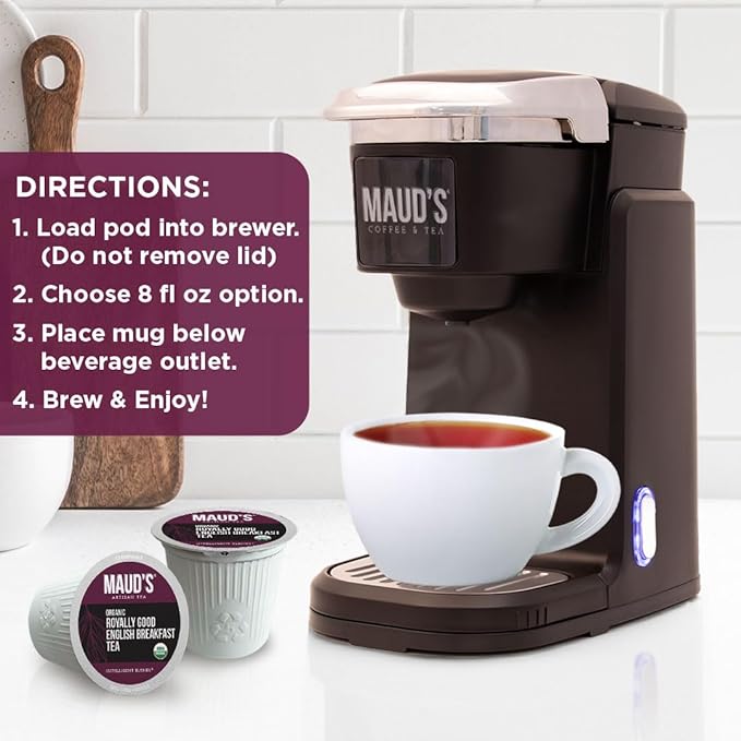 Maud's Organic English Breakfast Black Tea Pods, 24 ct, Recyclable Single Serve Pods – 100% Gourmet Blended Tea Leaves, Compatible with Keurig K Cups Maker - Bloomnest
