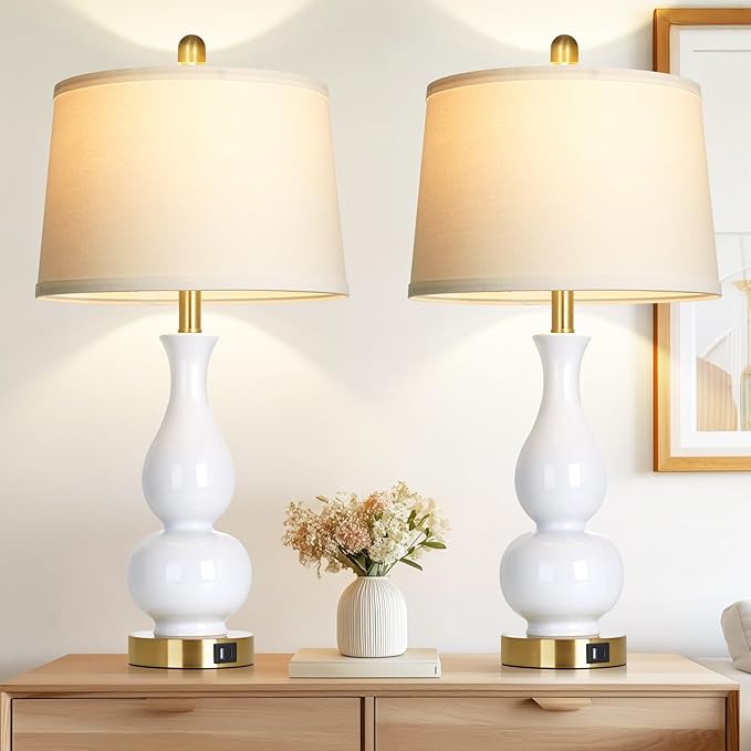 27" Double Gourd Ceramic Table Lamps Set of 2, Modern White Bedroom Lamp with USB A+C Ports, Elegant Bedside Lamp for Nightstand, Tall Lamps for Living Room Side End Table Home Decor - Bloomnest