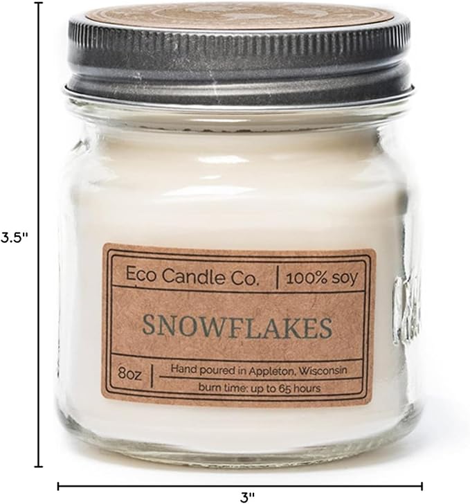 ECO CANDLE CO. Mason Jar Candle, Snowflakes, 8 oz. - Scents of Winter, Flowers, & Mint - 100% Soy Wax, No Lead, Kraft Label & Antiqued Pewter Lid, Hand Poured, Made from Midwest Grown Soybeans - Bloomnest