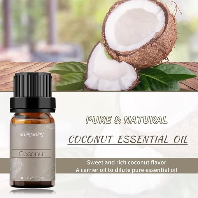 BURIBURI Vanilla Essential Oil and Coconut Oil Essential Oil, 2Pack Essential Oil Set, 100% Pure, Natural Essential Oils 10ml for Diffusers, Masage, Candle Making Soap Making BURIBURI