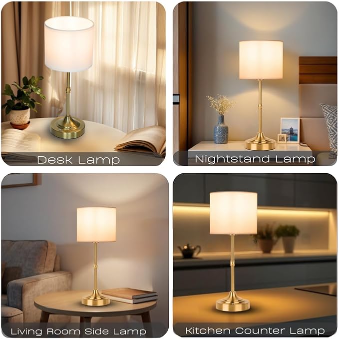 Rechargeable Table Lamp, Cordless Touch Lamps, Portable Desk Light with Stepless Dimmable Brightness & Fabric Shade for Nightstand Bedside Living Room (Gold, Straight) - Bloomnest