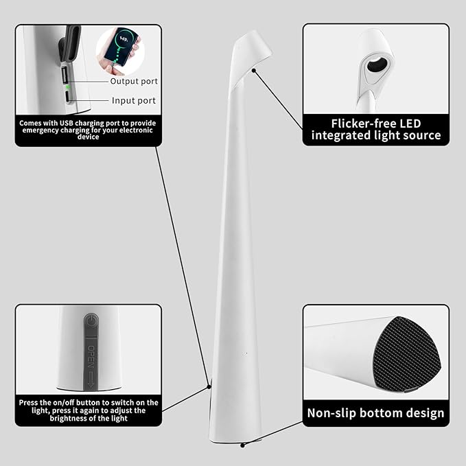 Portable Cordless LED Desk Lamp, Rechargeable Wireless Table Lamp, 3-Level Brightness, Patio & Bedside Night Light, Dining Room Ambient Reading Light (White) - Bloomnest