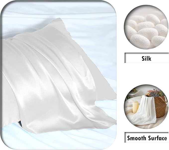 Silk Pillow Cases 2 Pack Soft Breathable and Sliky King Size Pillow Cases Set of 2,Natural Mulberry Silk Pillowcase Set of 2 for Hair and Skin with Hidden Zipper (White,20"X 36",2pcs) - Bloomnest