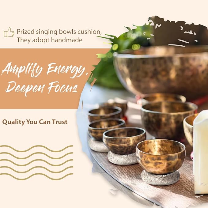 7 Pcs Singing Bowl Cushion Set for 6-12" Tibetan Singing Bowls, Handmade Silk Brocade Round Cushion Pillow for Meditation Sound Healing and Crystal Sound Bowls Accessories(Silver) - Bloomnest