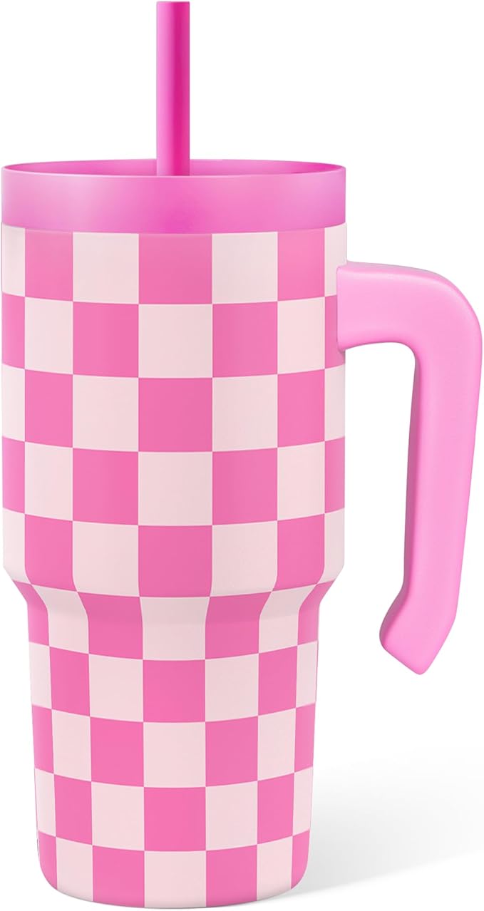 Checkered Tumbler 20oz with Handle and Silicone Straw Lid for Kid, Reusable Stainless Steel Water Bottle, Spill Proof and Leak Resistant, Gift for Kids Girls - Bloomnest