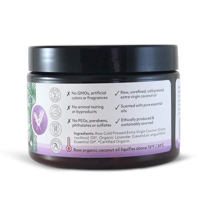 Organic Fiji Raw Cold Pressed Coconut Oil for Hair, Skin, Face & Body | Relaxing Massage Oil | Lavender,12 oz for Women Men & Baby - Bloomnest