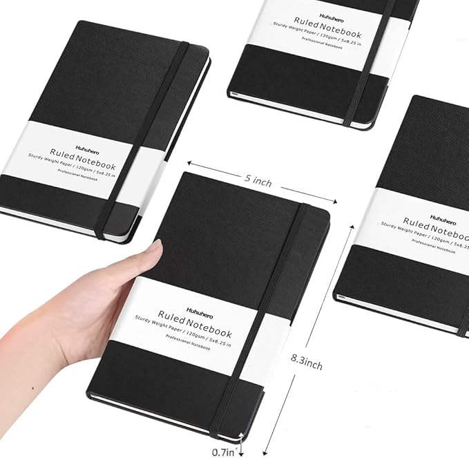 Huhuhero Lined Journal Notebook, 5 Pack Black Hardcover Notebooks for Work Women Men, 120Gsm Thick Paper Leather Journals for Writing Note Taking Business, Journaling School Supplies 5"×8.25" - Bloomnest