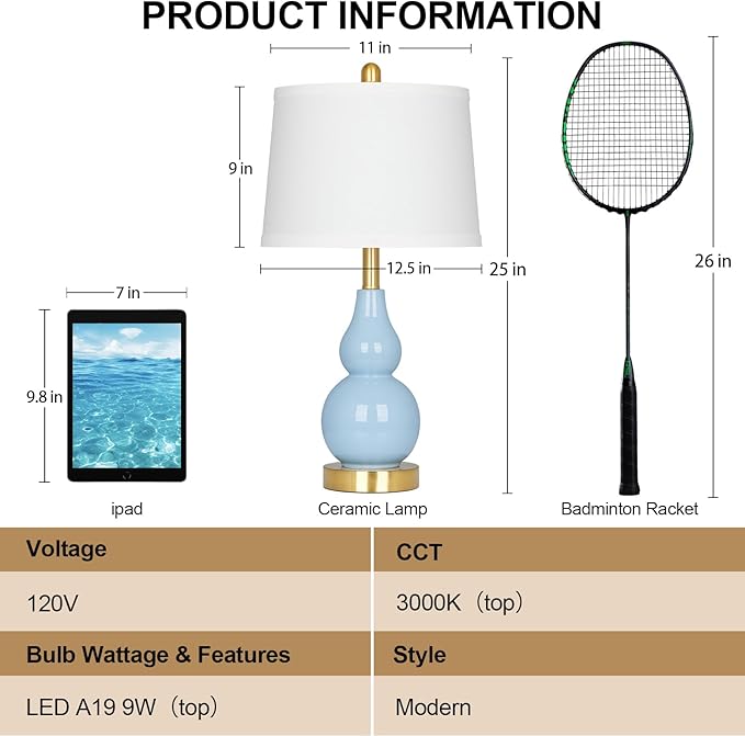 25" Modern Ceramic Table Lamps Set of 2, Blue Double Gourd Ceramic Lamps for Living Room, Coastal Farmhouse Rustic Bedside Nightstand Nautical Lamps for Bedrooms Home Office Dorm(2 LED Bulbs Included) - Bloomnest