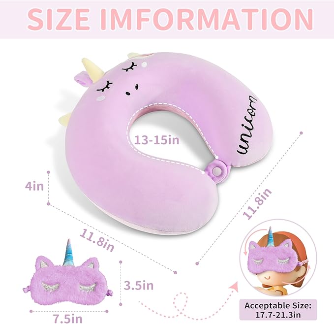 Neck Travel Pillow for Kids, Unicorn Airplane Memory Foam Pillow with Cute Sleep Mask & Earplugs, Lightweight Travelling Sleeping Pillow Set for Car, Train, Bus and Home Use (Purple) - Bloomnest