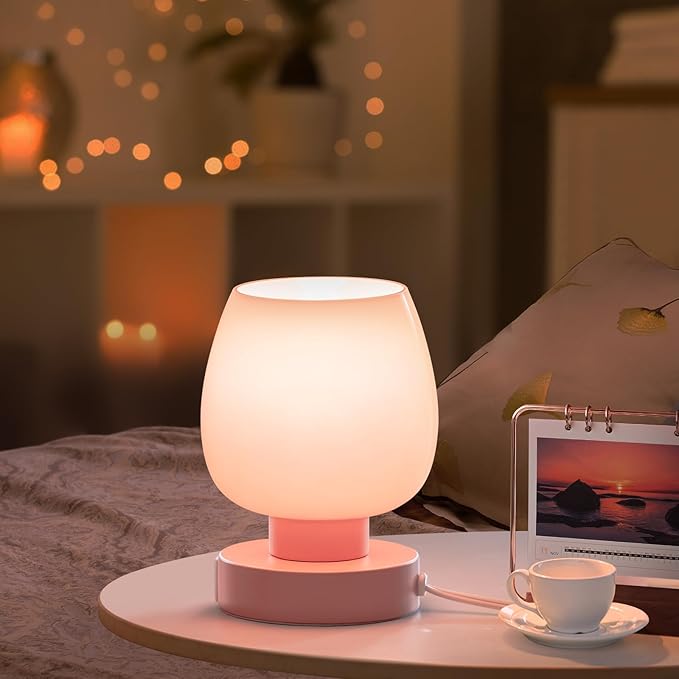 ONEWISH Pink Touch Table Lamp with USB Charging - 3 Way Dimmable Small Lamp for Bedroom, Warm LED Bulb Included, 2 Packs - Bloomnest