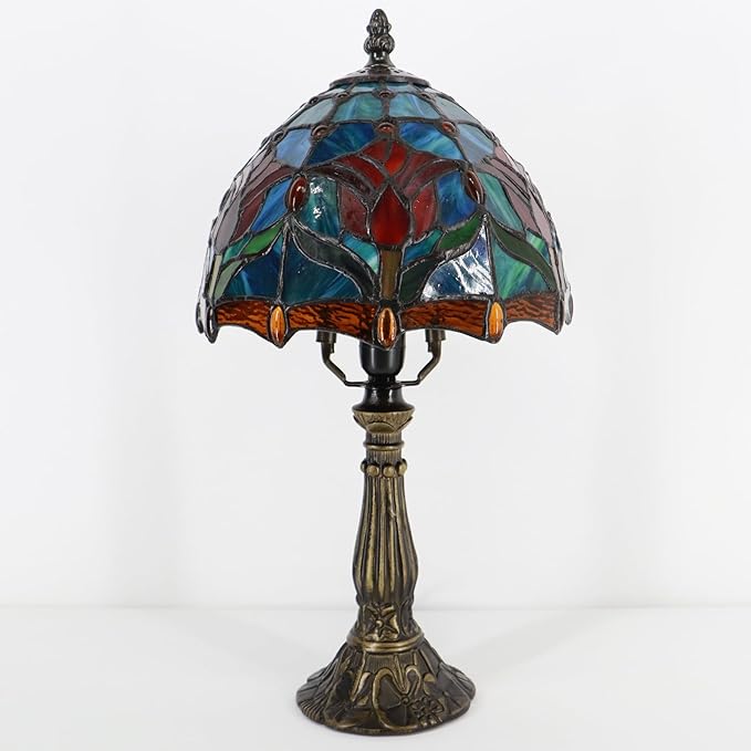 Small Tiffany Lamp Mini Accent Table Lamp Stained Glass Desk Memory Lamp Sympathy 8X14.5 Inch (Tulip Style) - Bloomnest