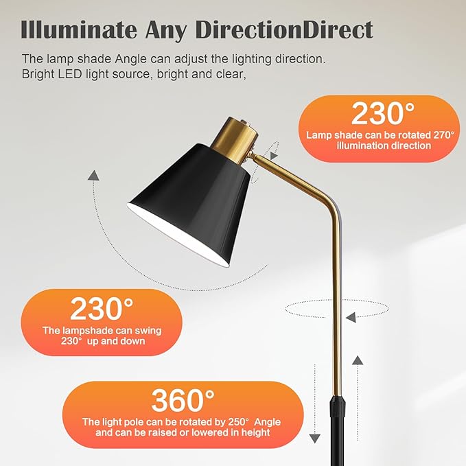 Dimmable Black Vintage Floor Lamps for Living Room Sofa Corner Bedroom Bedside Office,Unique Adjustable Standing Tall Reading Lights with Bright 12W LED Bulb, Modern Industrial Minimalist Home Decor - Bloomnest