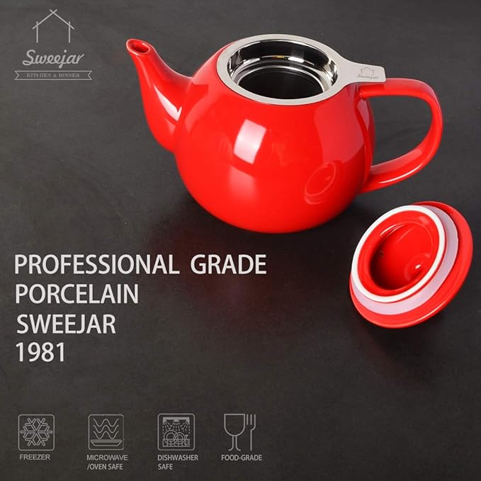 Sweejar Porcelain Teapot with Removable Stainless Steel Infuser,Microwave & Dishwasher Safe Tea Pots for Loose Tea,Tea Infuser Pots for Chrismas Women Gift (30oz Red) - Bloomnest