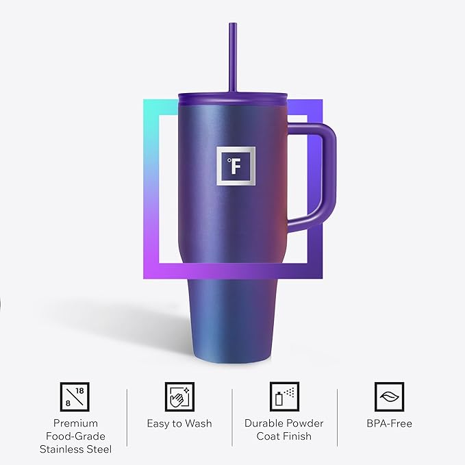 IRON °FLASK Co-Pilot Insulated Mug w/Straw & Flip Cap Lids - Cup Holder Bottle for Hot, Cold Drink - Leak-Proof - Water, Coffee Portable Travel Mug - Dark Pine, 32 Oz - Bloomnest