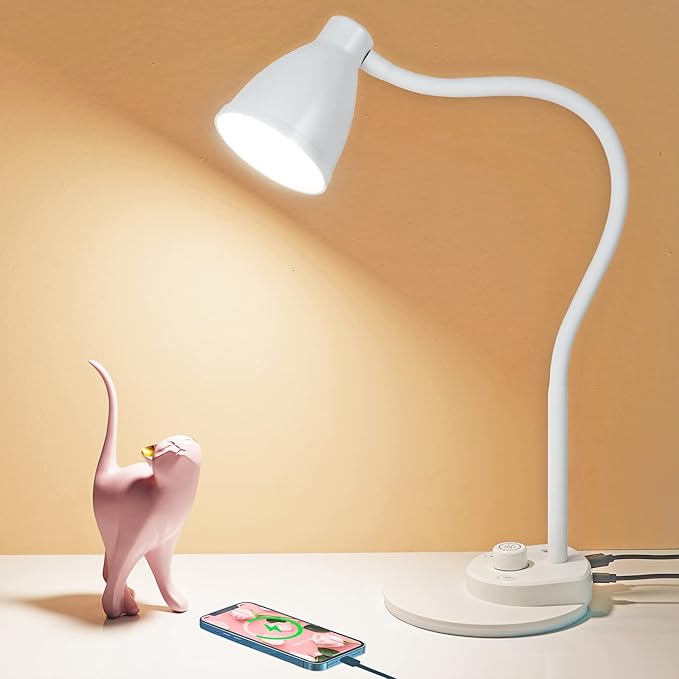 BOHON LED Desk Lamp with USB Charging Port, 3 Color Modes Dimmable Reading Lamp, Auto Dimming Task Lamp, Flexible Gooseneck Table Light for Dorm Bedside, Adapter Include, White - Bloomnest