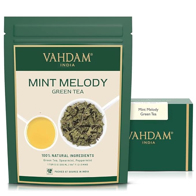 VAHDAM, Mint Green Tea Loose Leaf (50+ Cups, 3.5 oz) Cool Peppermint Tea With Himalayan Green Tea Leaves | Low Caffeine | High Elevation Grown | Vacuum Sealed for Freshness - Bloomnest