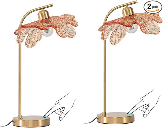 Mid Century Modern Table lamp 2 Pack Gold Table Lamps with Touch Switch Amber Glass Tall Table lamp Bedside Desk lamp nightstand lamp Small Table lamp for Bedroom Living Room Office - Bloomnest
