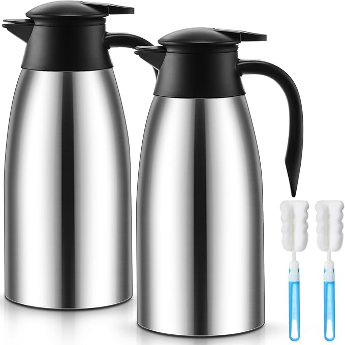 Norme 2 Pcs Thermal Coffee Carafe Insulated Stainless Steel Coffee Carafe for Hot Liquid Vacuum Thermal Pot Creamer Pitcher Dispenser with Brushes Keeping Hot Water Milk(Silver,68 oz) - Bloomnest
