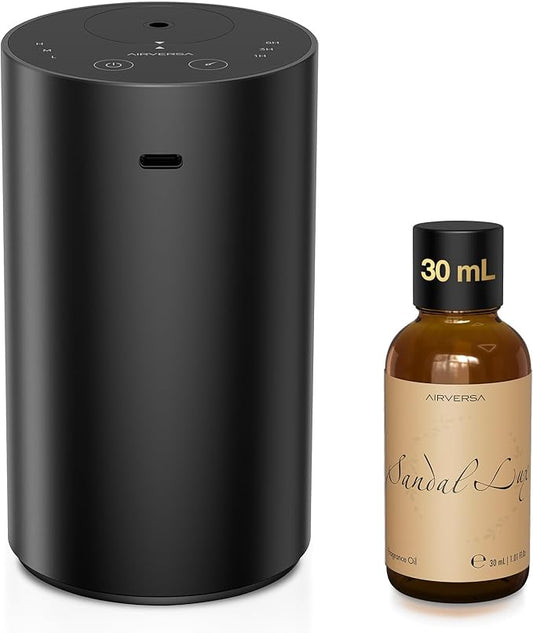 Airversa Waterless Essential Oil Diffuser Starter Kit with 30mL Sandal Lux Fragrance Oil for Car Home Office,Premium Aluminum Housing, Up to 600 sq ft, Aroma Nebulizer Baterry Operated, ADX Kit Black - Bloomnest