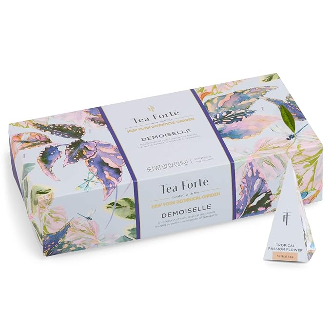 Tea Forte Demoiselle Petite Presentation Box Tea Gift Set Sampler, 10 Count, 2 of Each Variety Individually Wrapped Handcrafted Pyramid Infuser Bags - Bloomnest