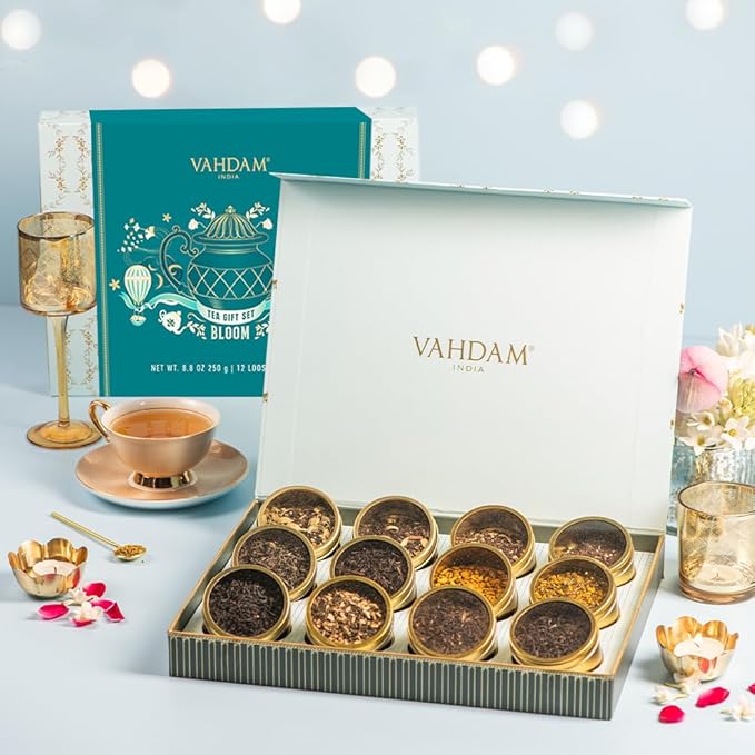 VAHDAM, Bloom - Assorted Christmas Tea Gift Sets (12 Loose Leaf Tea) Tin Caddy Presentation Box | Gluten Free, Non GMO | Holiday Gifts for Everyone - Bloomnest