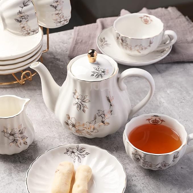 Porcelain Tea Sets British Royal Series, 8 OZ Cups & Saucer Service for 6, with Teapot Sugar Bowl Cream Pitcher Teaspoons and Tea Strainer, Suitable for High Tea, Wedding, Party（Morning glory） - Bloomnest