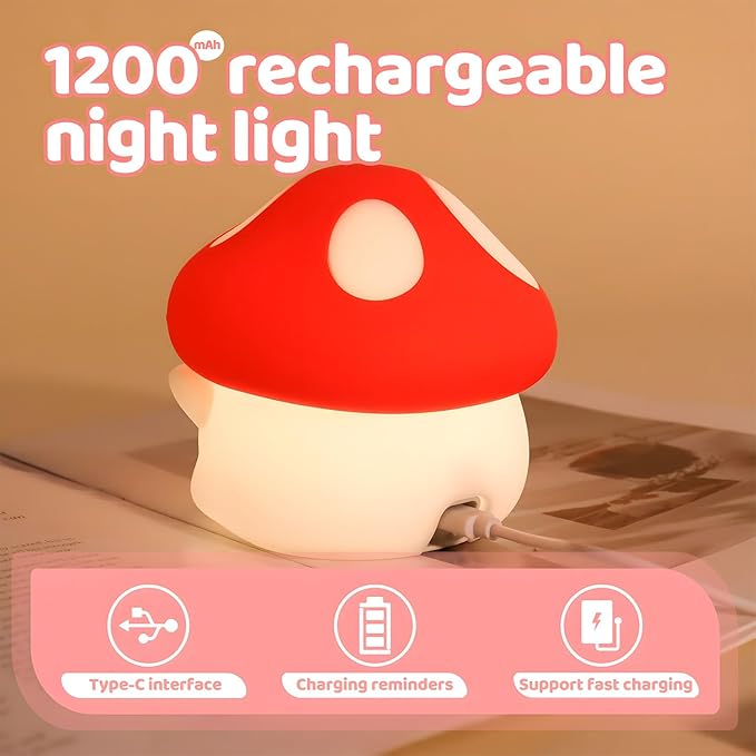 Mushroom Night Light,LED Cute Silicone Squishy Lamp Rechargeable Nursery Nightlight with 2 Level Dimmable Bedside Touch Lamp for Bedroom Kids Room Mushroom Decor Gifts - Bloomnest