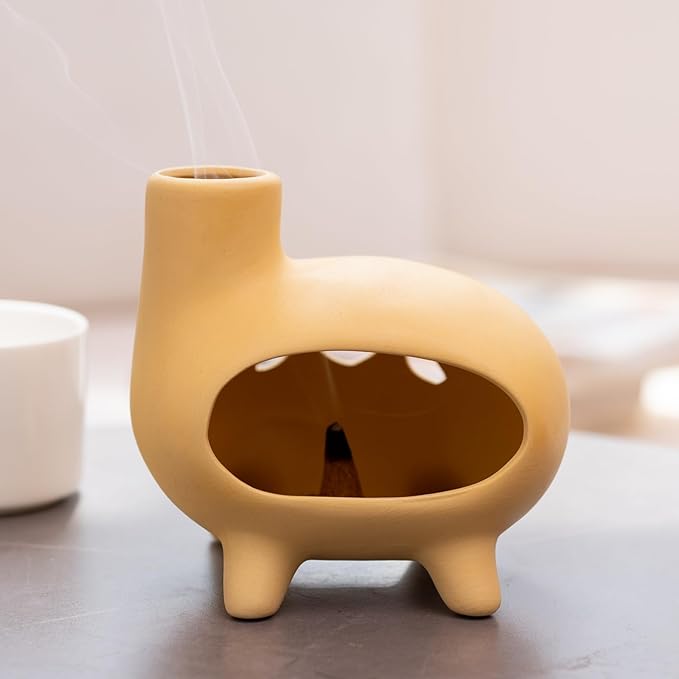 Elegant Handcrafted Ceramic Palo Santo Burner-Yellow Terracotta Footed Incense Holder for Meditation,Compatible with Wood Sticks,Sage,Ash&Cones-Mini Aromatic Home Altar with Chimney Design