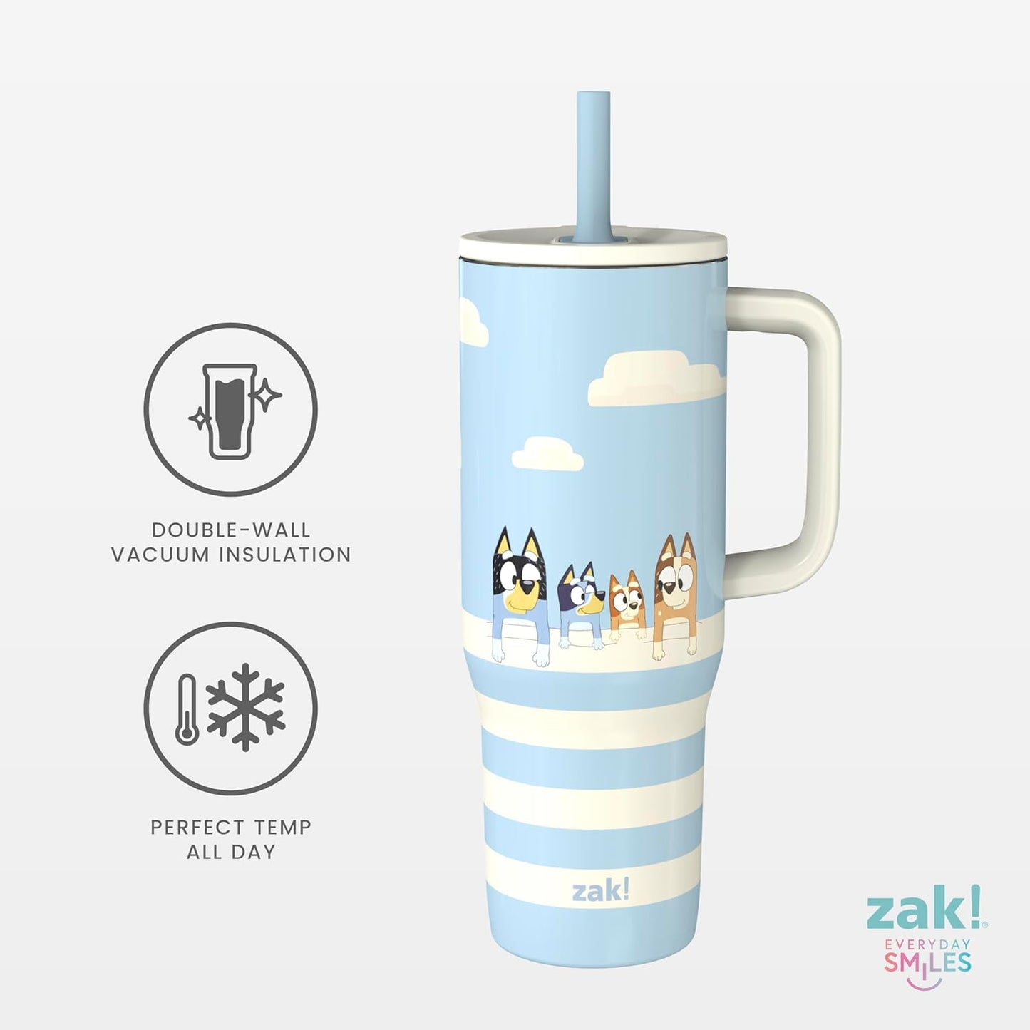 Zak Designs Bluey Sutton Travel Tumbler for On the Go, 30oz Stainless Steel with Vacuum Insulation, Silicone Straw, and Carry Handle for Cold Drinks (Bluey, Bingo, Bandit, Chilli)