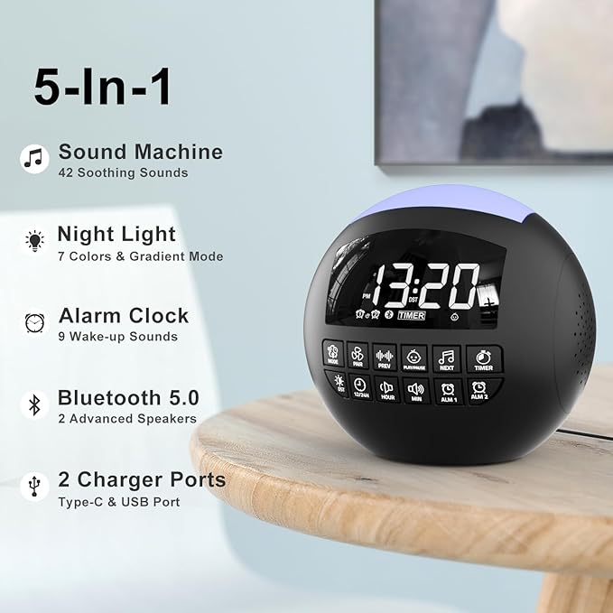 5-in-1 White Noise Sound Machine + Bluetooth + Night Light, 42 Soothing Sounds Sleep Machine for Kids Baby Adults, 8 Timer & Adjustable Volume, USB & Type-C Ports, Dual Alarm Clocks for Bedrooms… - Bloomnest