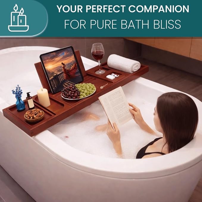 Bathtub Tray & Bath Tray for Tub – Expandable Bamboo Bath tub Tray, Bathtub Caddy, Adjustable Foldable Waterproof Bath Trays for tub with Phone, Wine Glass, Book & Tab Holder (Free Soap Dish) - Bloomnest
