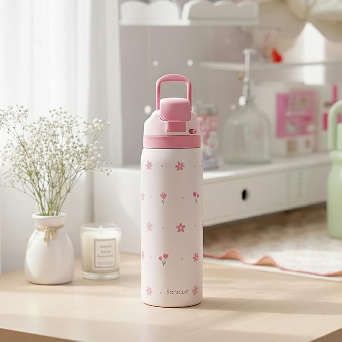 Floral Insulated Stainless Steel Water Bottle with Straw for Sports and Travel, 32oz, Gifts for Women Girls Friends Teens Birthday Christmas (Pink) - Bloomnest