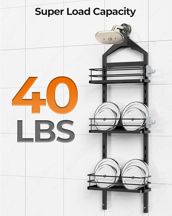 ODesign 3 Tier Height-Adjustable Shower Caddy Hanging Hanger Anti-Swing-Over The Shower Head Caddy-Shower Storage Organizer Bathroom Shelves Basket Shower Caddies-Black,11.9" x 4.84" x 36.2" - Bloomnest