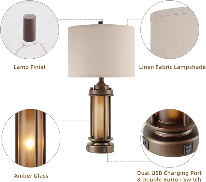Set of 2 Farmhouse Table Lamps for Living Room, Rustic Vintage Bedside Lamps with 2 USB Ports, Bedroom Nightstand Lamp with Amber Glass Nightlight for End Table Entryway, 4 Bulbs Includes - Bloomnest
