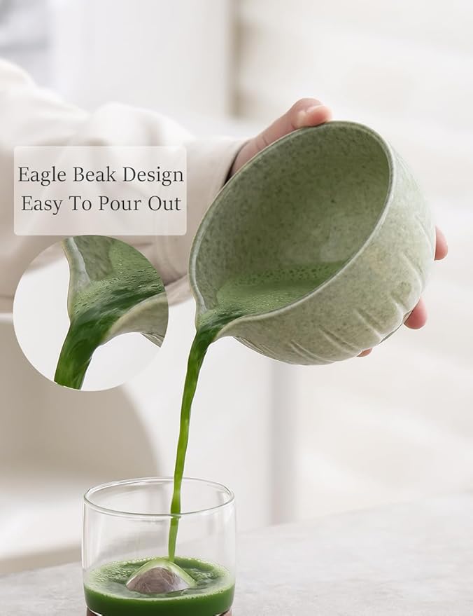 TANG PIN Matcha Set - Match Bowl with Spout and Whisk, 15 OZ, Matcha Scoop | Matcha Whisk Stand (Chasen Holder) - 4pc Perfect Matcha Kit for Matcha Tea Ceremony (Mottled Green) - Bloomnest