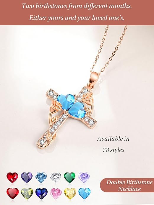 Rose Gold Dual Birthstones Cross Necklace for Women Rose Flower Jewelry Anniversary Christmas Mother's Valentine's Day Birthday Gift for Wife Girlfriend Mom - Bloomnest
