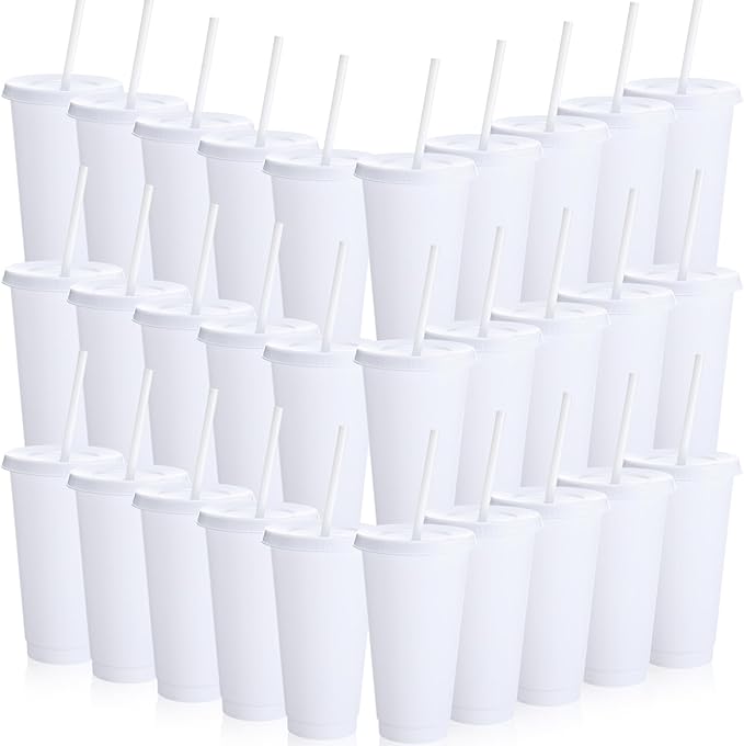 Honeydak 30 Pack Tumbler with Straw and Lid Bulk Water Bottle Iced Coffee Travel Mug Cup Reusable Plastic Cups for Party Birthdays 24-27 oz (White Color) - Bloomnest