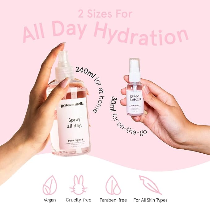 grace & stella Award Winning Rose Water Facial Spray (240ml) - Vegan - Rose Water Spray for Face - Rosewater Spray Toner Rose Hydrosol - Rose Spray Facial Mist - Rosewater Spray Toner Rose Hydrosol - Bloomnest
