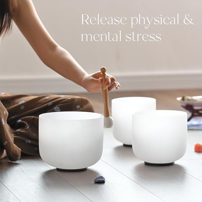 CVNC 432HZ 6"A Third-eye, 7"C Root, 8"F Heart Frosted Quartz Crystal Singing Bowl Chakra Set of 3 with Carry Case Bag for Sound Healing and Meditation - Bloomnest