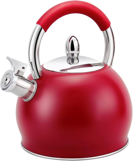 Whistling Tea Kettle for Stove Top Stainless Steel Tea Pot with Ergonomic Silicone Handle Teapot for Stovetop 3.2 Quart / 3 Liter Red