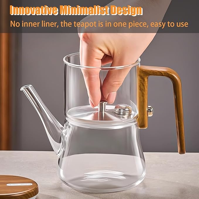 Semi-Automatic Glass Teapot with Wooden Handle, Heat Resistant Magical Teapot, Magnetic Water Separation Kungfu TeaPot, High Borosilicate Glass Tea Set Coffee Set, Clear Magic Pot for Holiday Gifts