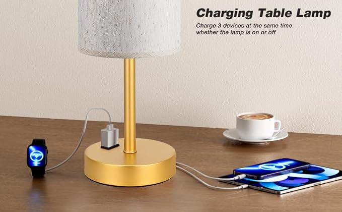 Fenmzee Touch Table Lamp - Cream, 3-Way Dimmable, USB A + C Charging, AC Outlet, 17.4inch Medium, Gold Metal Base - Bloomnest