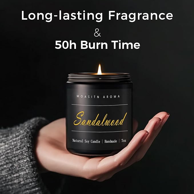 MOASITN Sandalwood Scented Candles for Home| Leather,Sandalwood,Amber Scented Soy Candle| Handmade Longlasting Aromatherapy Candle| Jar Candel Gift for Women,Men for Spring,Birthday,Relaxing|7oz - Bloomnest