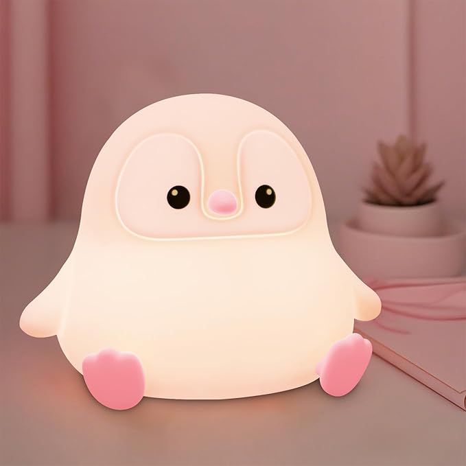 Penguin Night Light for Kids,Cute Pink Penguin Touch Lamp,Soft Silicone Nursery Nightlight,LED Squishy Novelty Animal Bedside Lamp,Rechargeable/Dimmable/Timer Desk Lamp,Kids Room Decor - Bloomnest